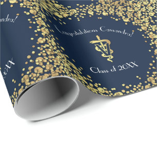 Veterinarian Graduation Navy Blue Gold Wrapping Paper