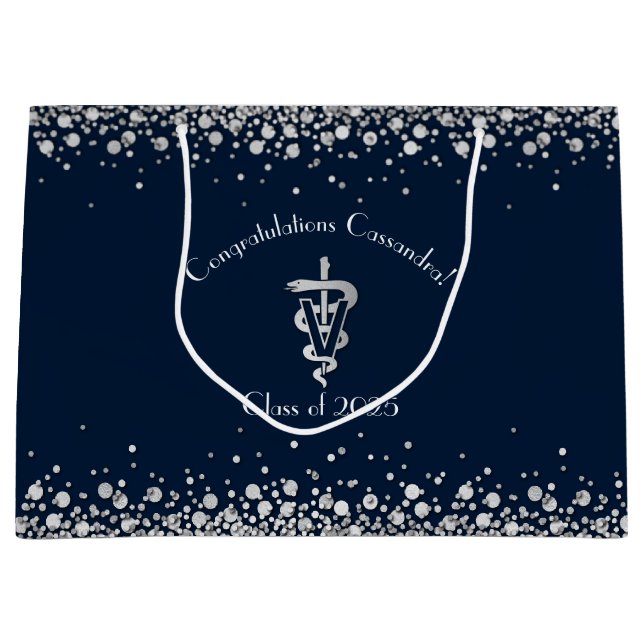 Veterinarian Graduation Navy Blue Silver Large Gift Bag (Front)