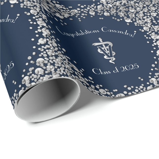 Veterinarian Graduation Navy Blue Silver Wrapping Paper (Roll Corner)