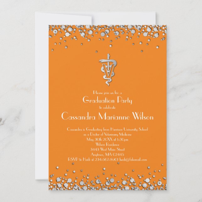 Veterinarian Graduation Orange Silver Invitation (Front)