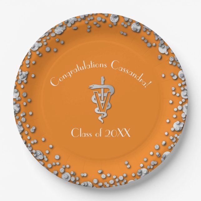 Veterinarian Graduation Orange Silver Paper Plate (Front)