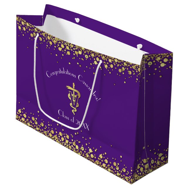 Veterinarian Graduation Purple Gold Large Gift Bag (Front Angled)