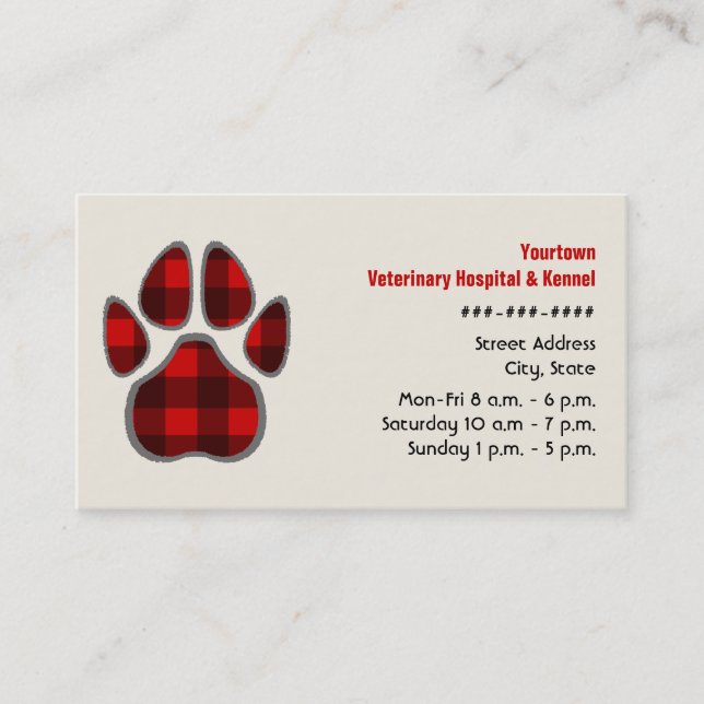 Veterinarian & Kennel Business Card - Plaid Paw (Front)