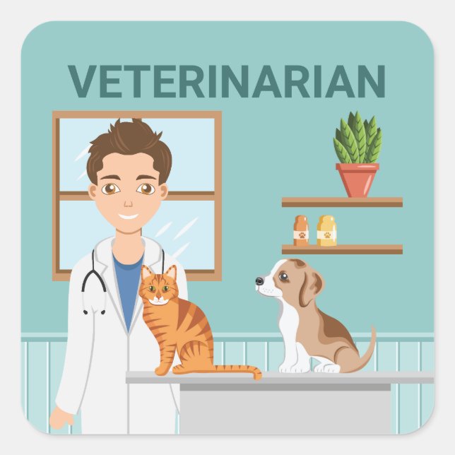 Veterinarian Man Vet Clinic Animal Hospital Blue Square Sticker (Front)