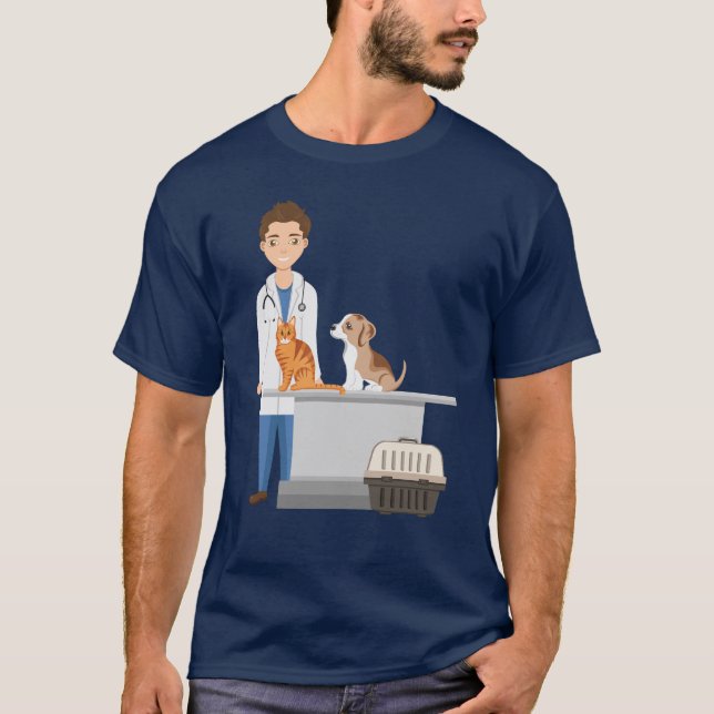 Veterinarian Man Vet Clinic With Pet Cat And Dog T-Shirt (Front)