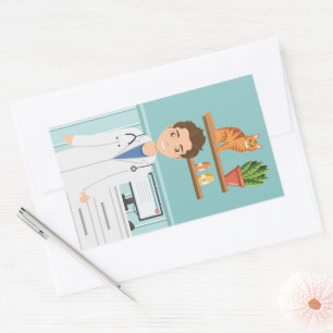 Veterinarian Man Vet Guy Wearing Lab Coat With Cat Rectangular Sticker