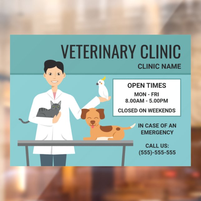 Veterinarian Man With Animals - Clinic Open Times Window Cling (Sheet 2)