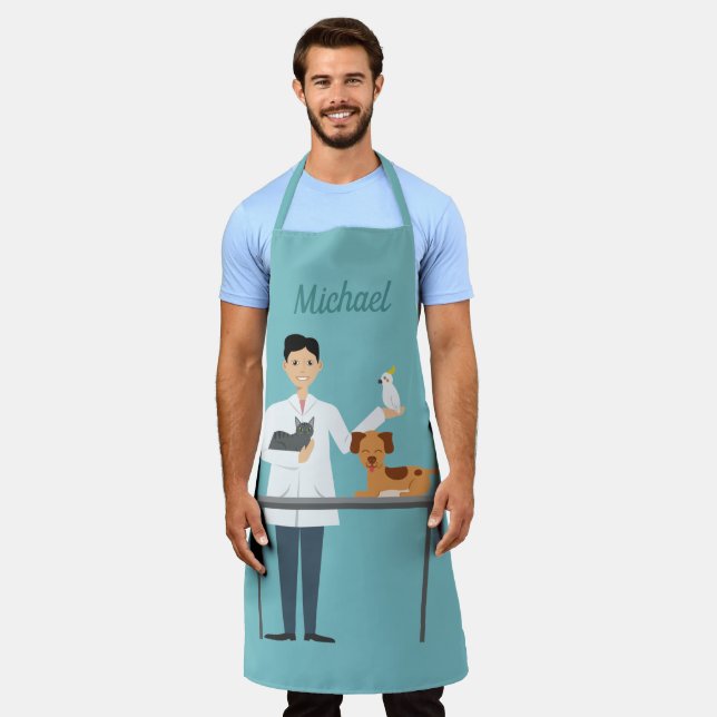Veterinarian Man With Animals & Custom Name Apron (Worn)