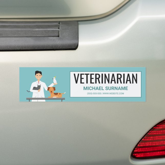 Veterinarian Man With Animals & Custom Text Bumper Sticker (On Car)