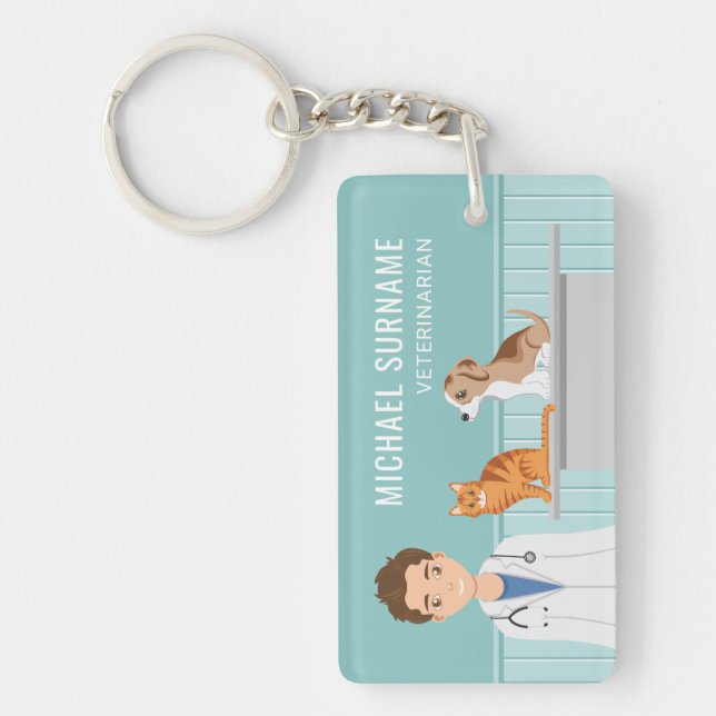 Veterinarian Man With Cat And Puppy Custom Name Key Ring (Front)
