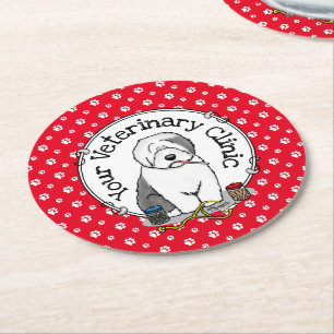 Veterinarian Old English Sheepdog Grey 1 Cute Vet Round Paper Coaster