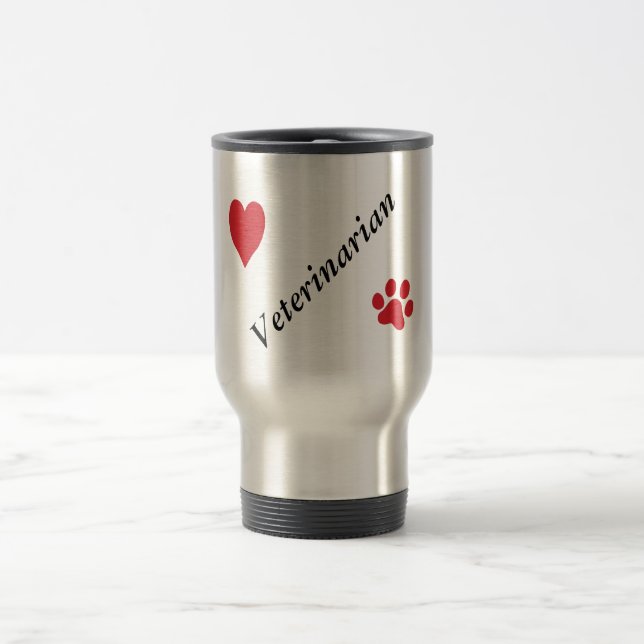 Veterinarian-Red Paw Print and Heart Travel Mug (Center)