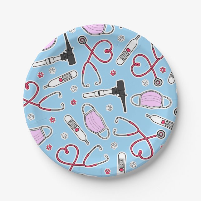 Veterinarian / Veterinary Technician Pattern Blue Paper Plate (Front)