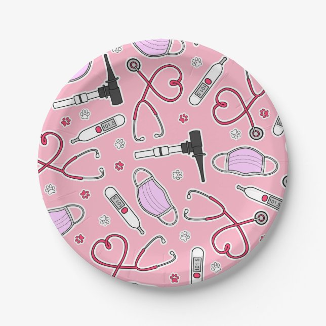Veterinarian / Veterinary Technician Pattern Pink Paper Plate (Front)