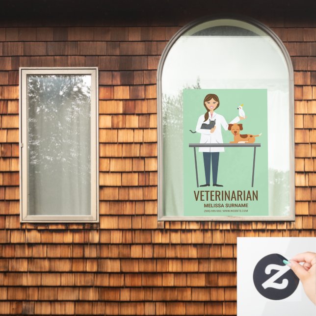 Veterinarian Woman & Animals On Green & Text Window Cling (Home Window)