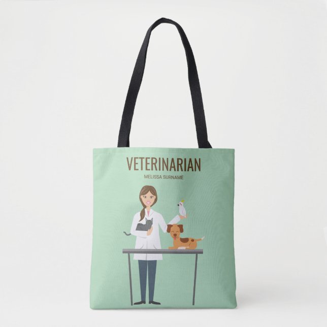 Veterinarian Woman With Animals & Custom Text Tote Bag (Front)