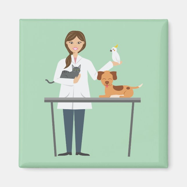 Veterinarian Woman With Animals Illustration Magnet (Front)