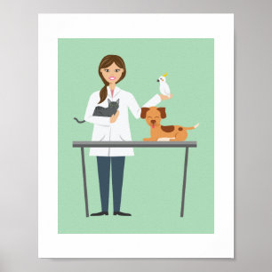 Veterinarian Woman With Animals Illustration Poster