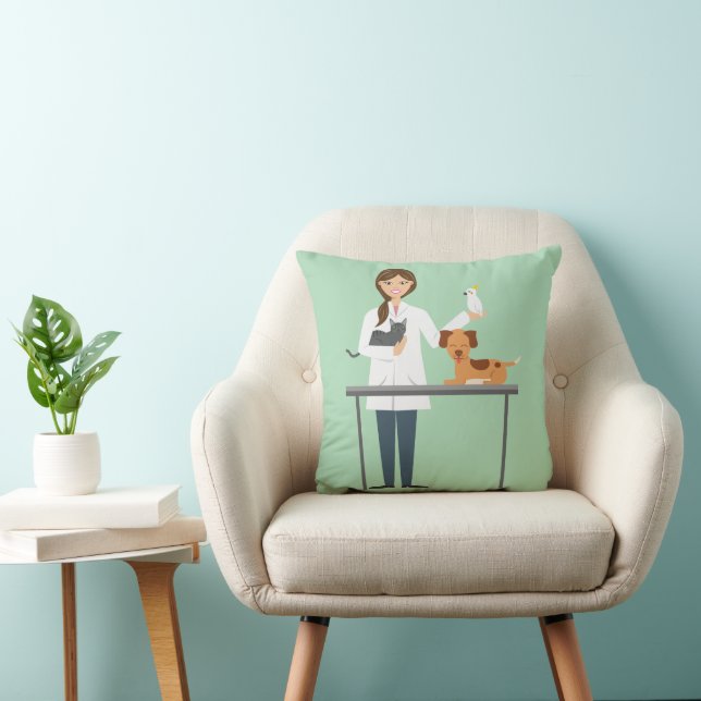 Veterinarian Woman With Animals On Green Cushion (Chair)