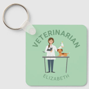 Veterinarian Woman With Animals & Your Own Name Key Ring