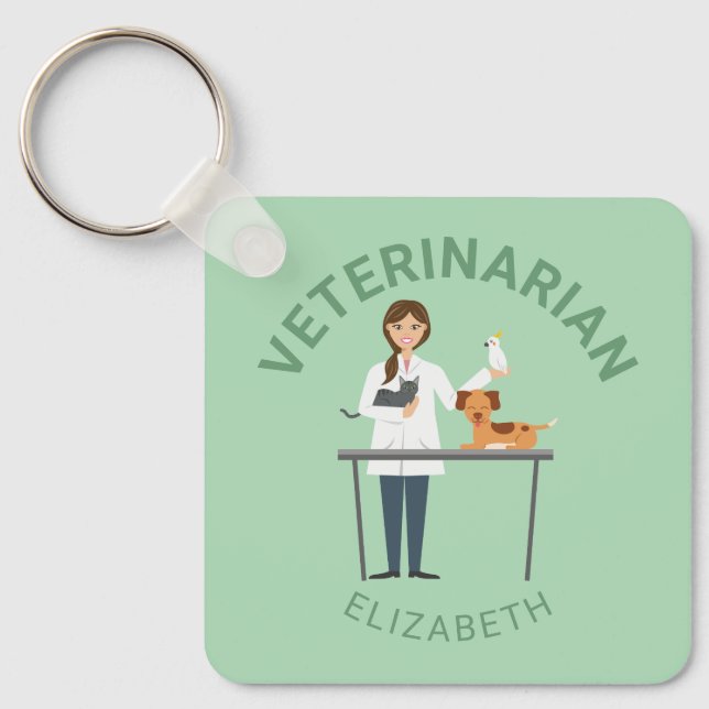 Veterinarian Woman With Animals & Your Own Name Key Ring (Front)