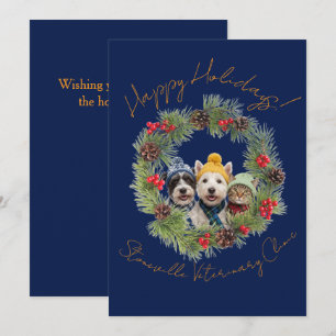 Veterinary Clinic Folded Logo Navy Blue Wreath Holiday Card