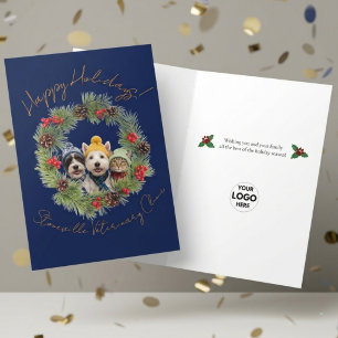 Veterinary Clinic Folded Logo Navy Blue Wreath Holiday Card