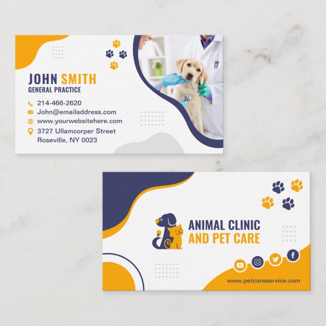 Veterinary Clinic, Pet care, Vet, Animal Doctor Business Card (Front/Back)