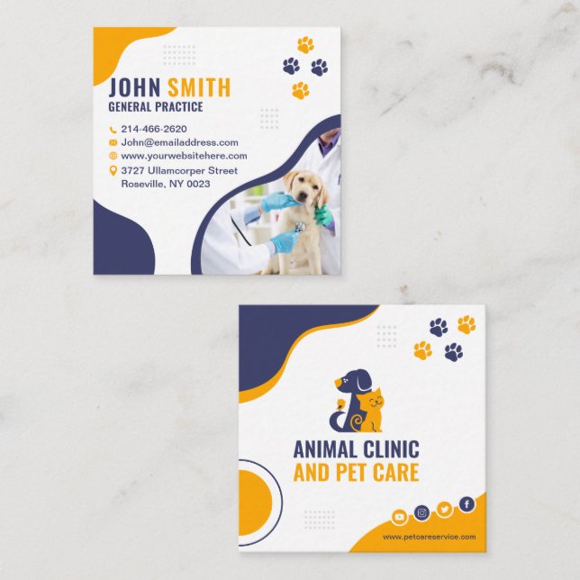 Veterinary Clinic, Pet care, Vet, Animal Doctor Square Business Card (Front/Back)