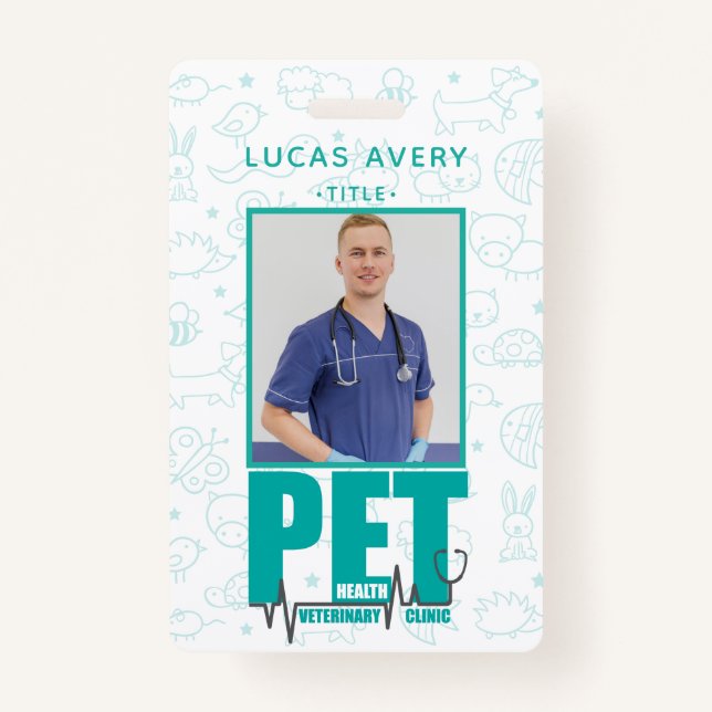 Veterinary Clinic Photo Modern Blue ID Badge (Front)