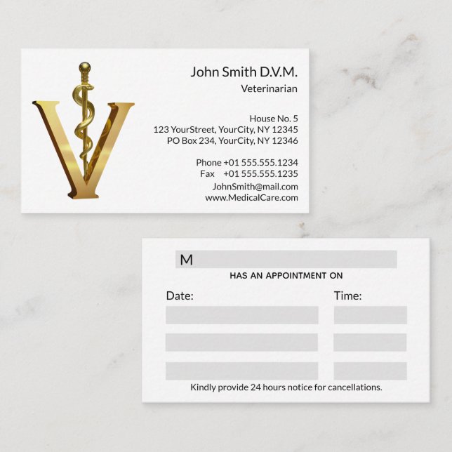 Veterinary Medicine Asclepius Vet Gold V Elegant Appointment Card (Front/Back)