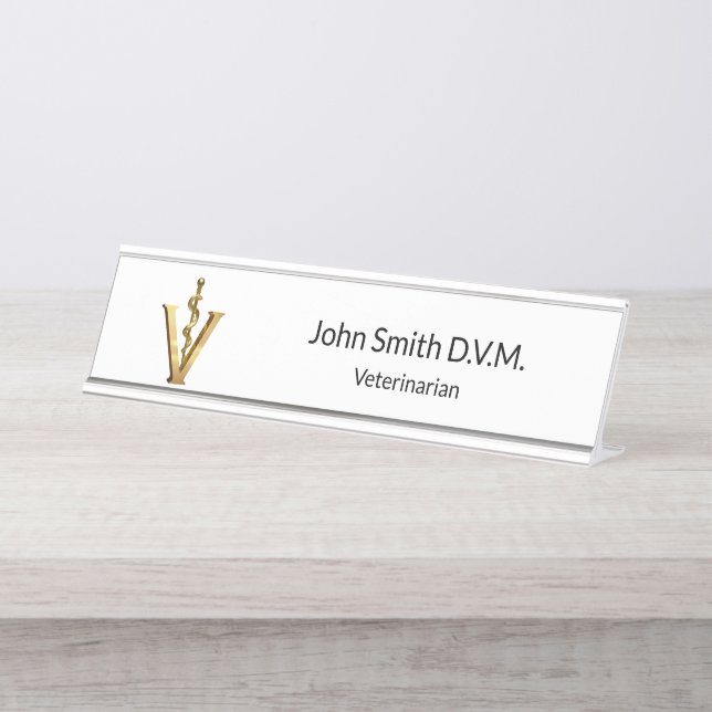 Veterinary Medicine Gold V Vet Asclepius Elegant Desk Name Plate (Front)