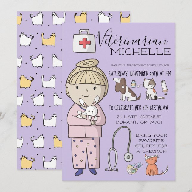 Veterinary Themed Kids Party Invitation (Front/Back)