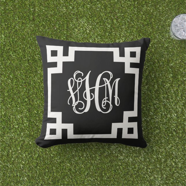 VHM Black and White Greek Key Script Monogram Cushion (Grass)
