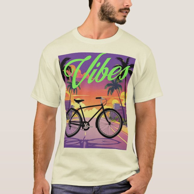 "Vibes" Retro Bicycle Sunset City T-Shirt (Front)