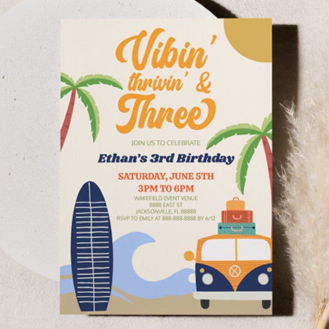 Vibes' Thrivin' & Three Surf 3rd Birthday Party Invitation (Creator Uploaded)