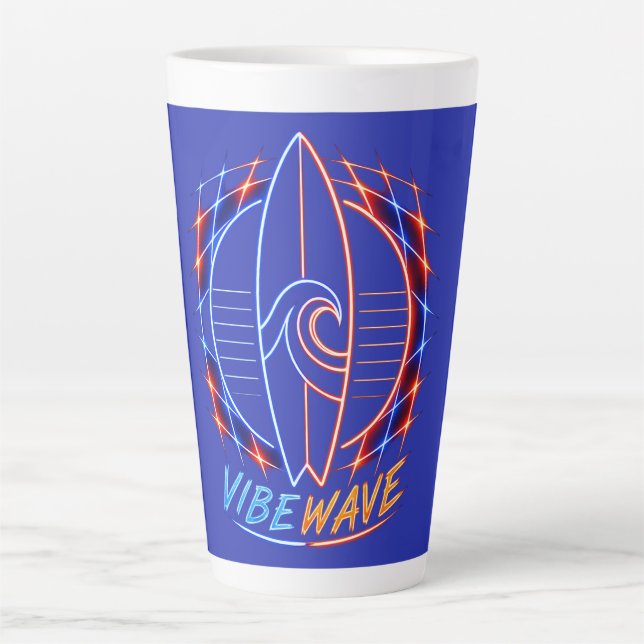 Vibewave Neon Surfboard Design – Retro Wave Glow A Latte Mug (Front)