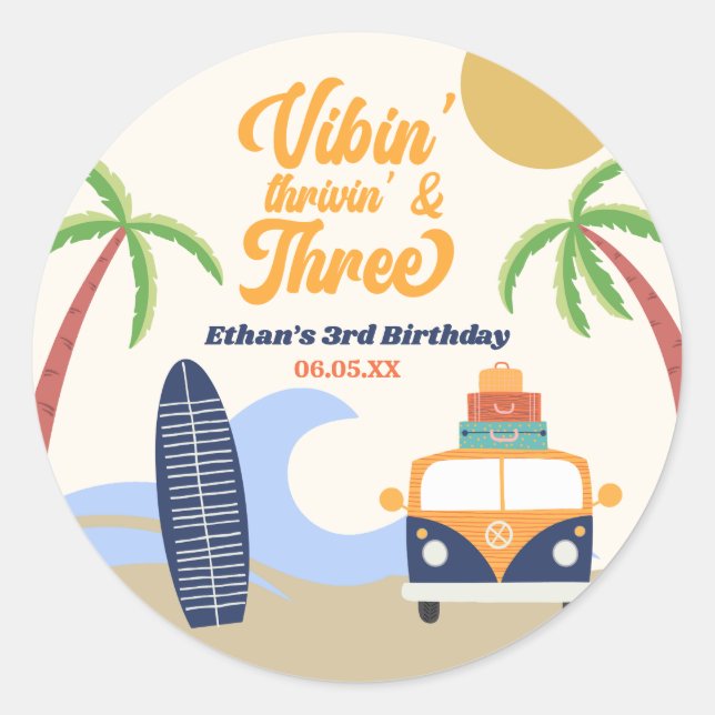 Vibin' & Three Surf Board 3rd Birthday Party Classic Round Sticker (Front)