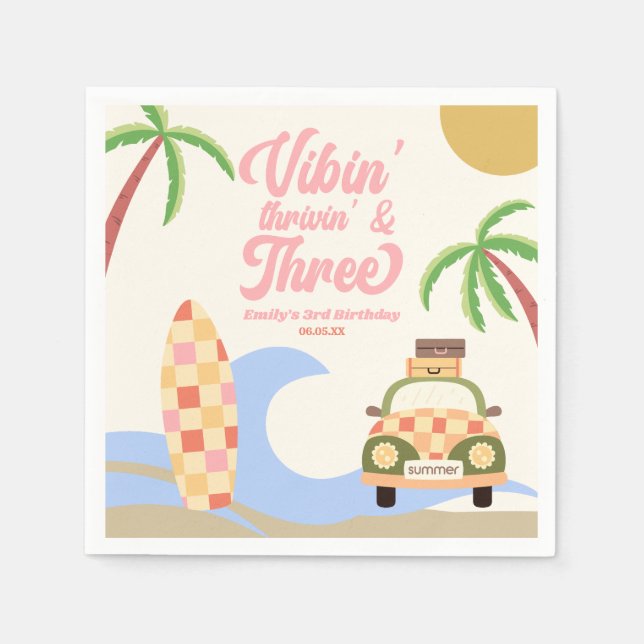 Vibin' & Three Surf Pink 3rd Birthday Party Napkin (Front)