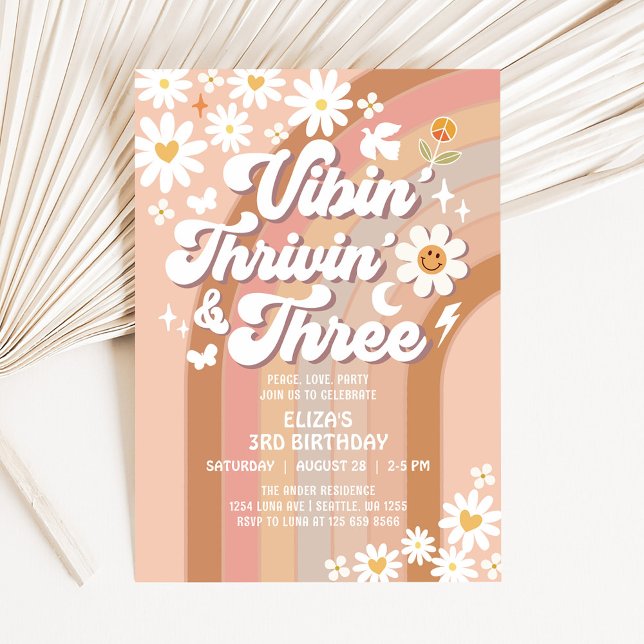 Vibin' Thrivin' And Three Earthy Retro Birthday Invitation (Creator Uploaded)