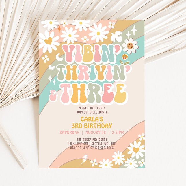 Vibin' Thrivin' And Three Hippie Retro Birthday Invitation (Creator Uploaded)