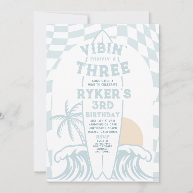 Vibin' Thrivin' And Three Surf 3rd Birthday Party Invitation (Front)