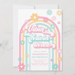 Vibin' Thrivin' Three Boho Daisy Rainbow Birthday Invitation