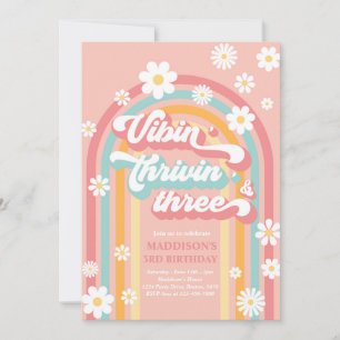 Vibin' Thrivin' Three Boho Daisy Rainbow Birthday Invitation