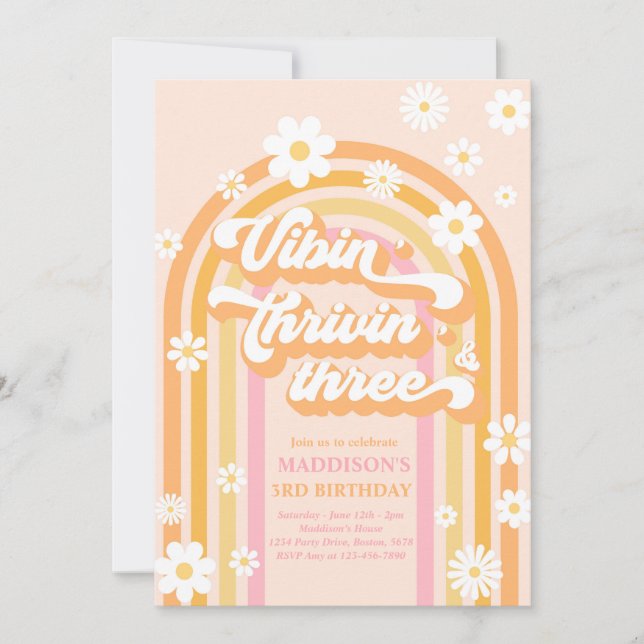 Vibin' Thrivin' Three Boho Daisy Rainbow Birthday Invitation (Front)