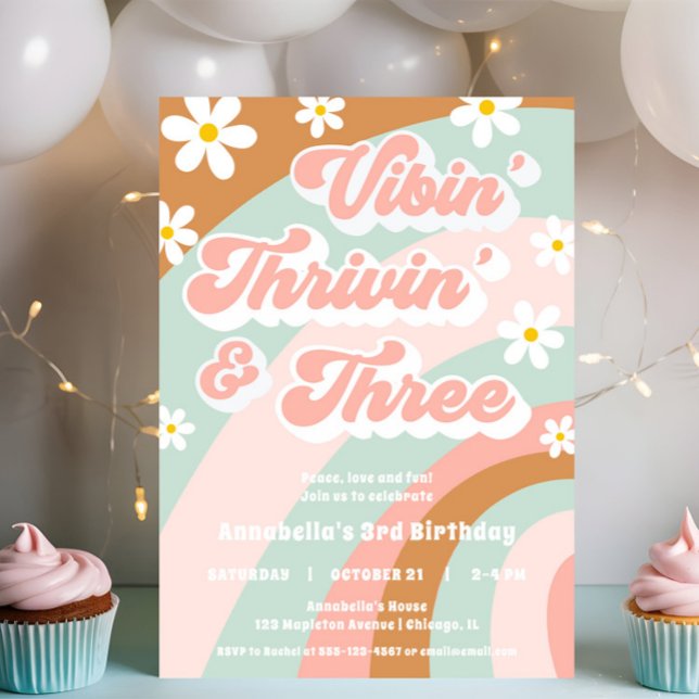 Vibin' Thrivin' THREE Groovy 3rd birthday retro Invitation (Creator Uploaded)