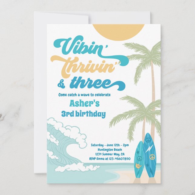 Vibin' Thrivin' & Three Retro Surf Beach Birthday Invitation (Front)