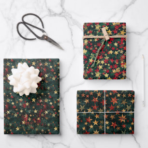 Vibrant 2D Star Pattern – Red, Green, and Gold Wrapping Paper Sheet