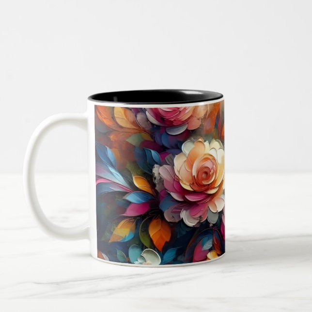 Vibrant 3D Abstract Floral Oil Texture Art Two-Tone Coffee Mug (Left)