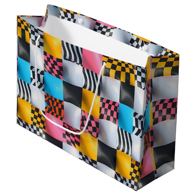 Vibrant 3D Chequerboard – Playful Retro Pop Large Gift Bag (Front Angled)